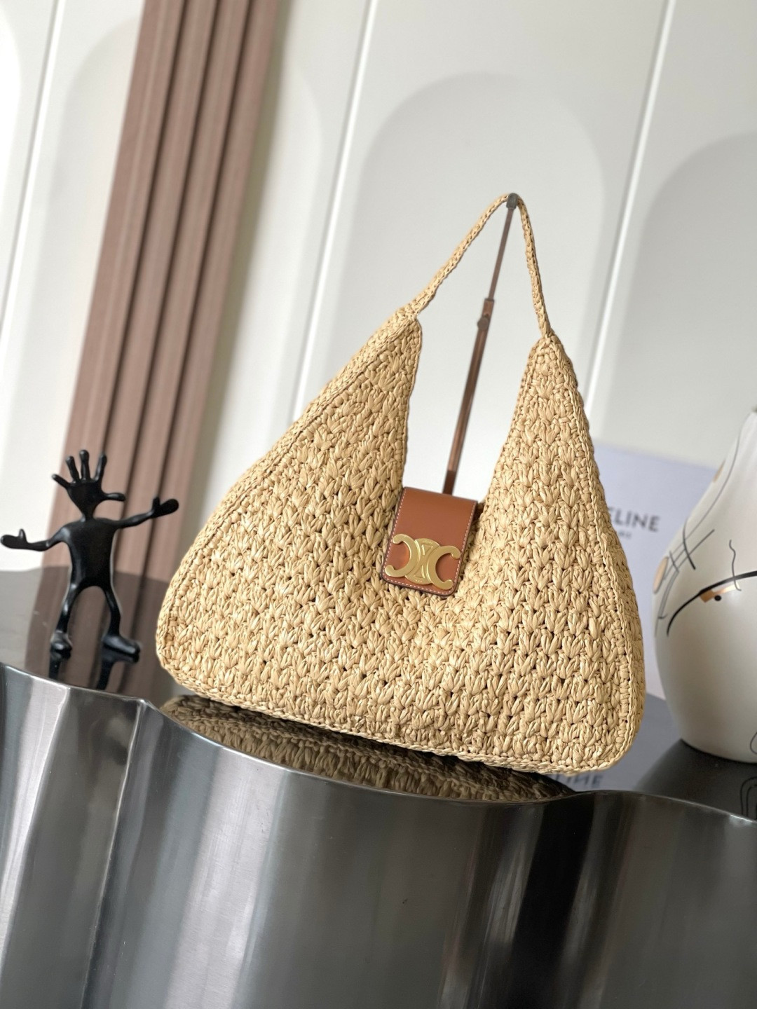 CELIN* CABAS TRIANGLE IN RAFFIA AND CALFSKIN